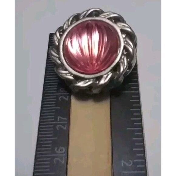 Vintage Earrings Pink Glass Cabochons Dome Clip-on Chunky Silvertone Bezel Set - Picture 6 of 7
